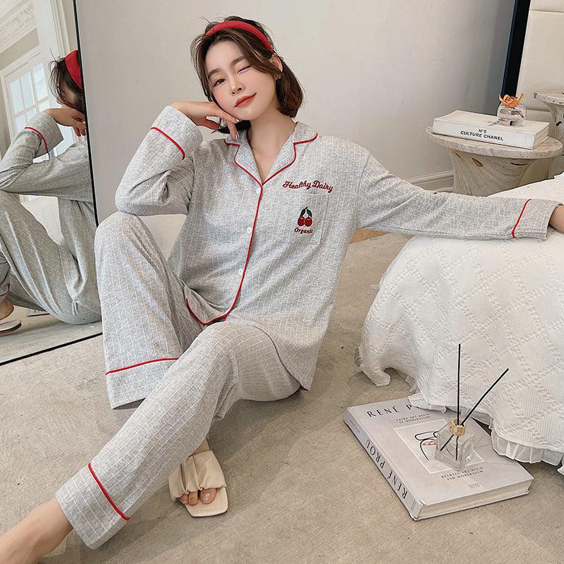 Solid Color Shirt Pure Cotton Cherry Embroidery Cardigan Nightgown - Amazitshop