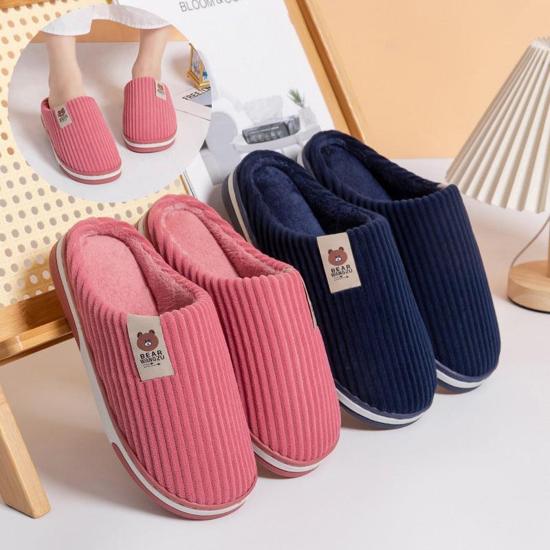 Solid Color Striped Slippers For Women Thick - soled Anti - slip Indoor Warm Plush Home Shoes Couple Women Men Slipper Winter - Amazitshop