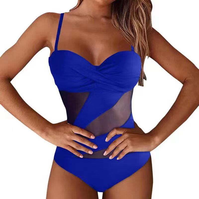 Solid Women's Mesh Panel Cutout One Piece Swimwear Bikini - Amazitshop