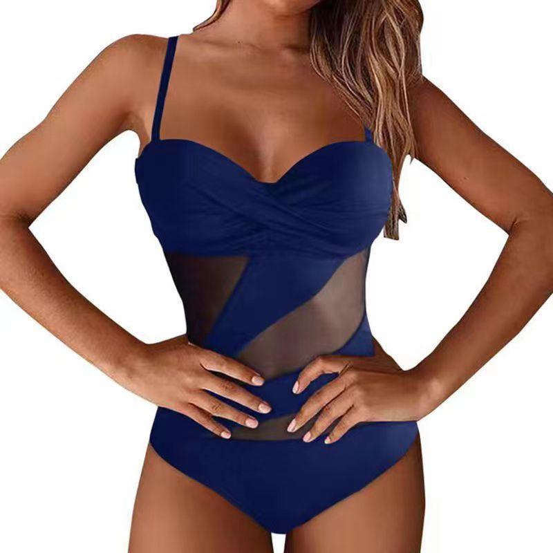 Solid Women's Mesh Panel Cutout One Piece Swimwear Bikini - Amazitshop