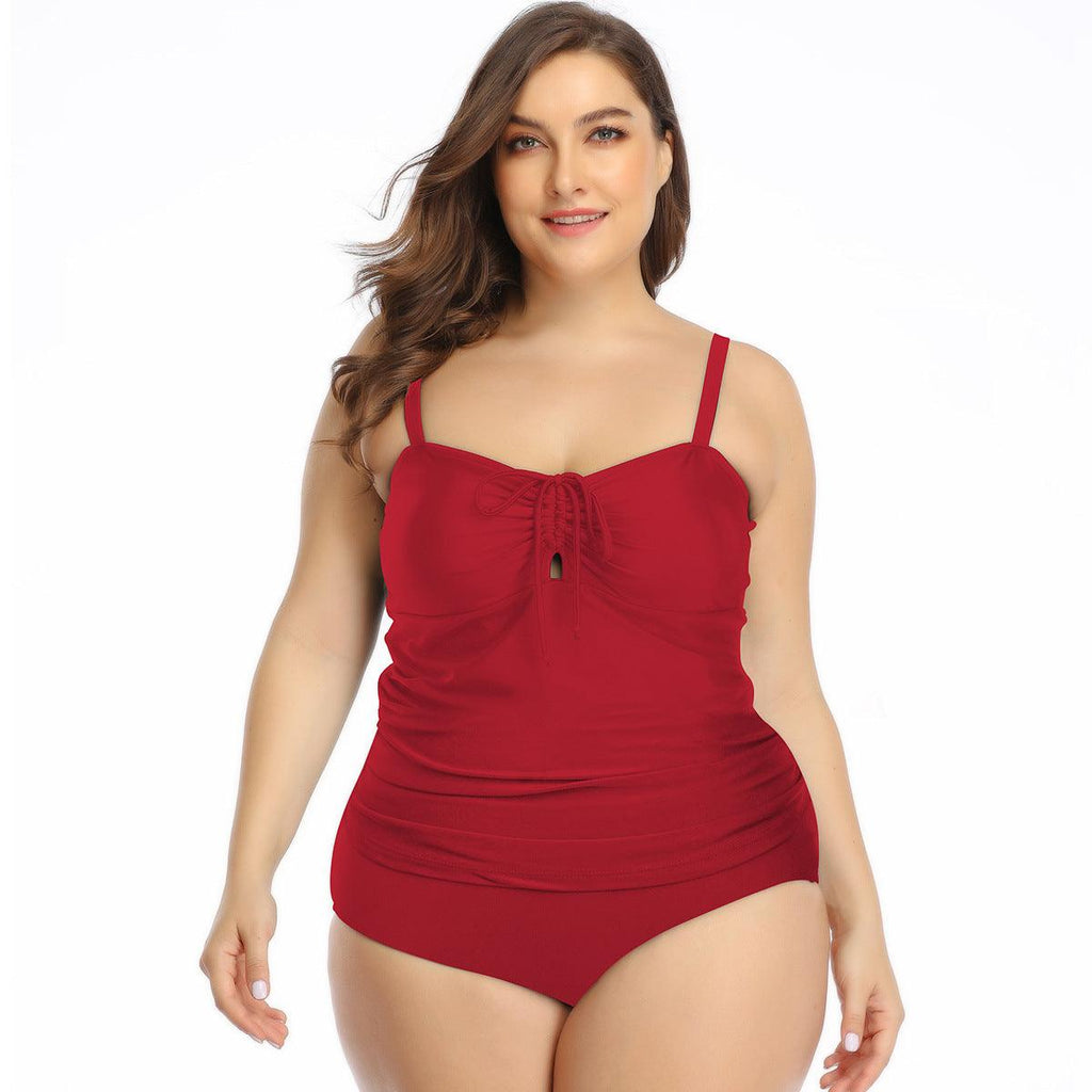 Split Plus Size Swimsuit Smocked Suspenders Solid Color Bikini - Amazitshop
