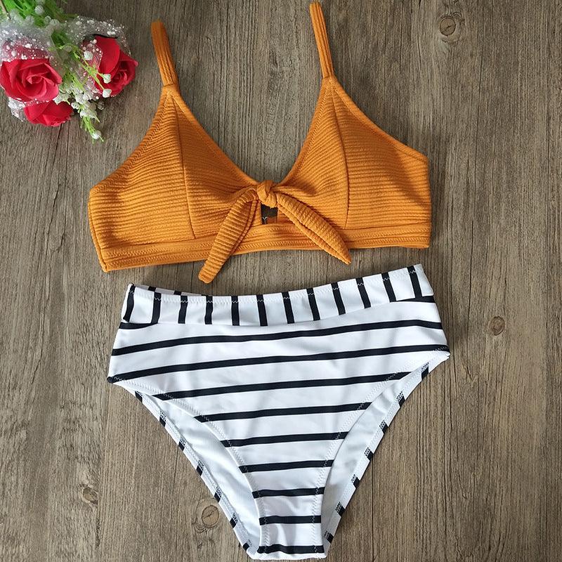 Split Tight Exposed Back High Waist Striped Bikini Triangle Swimwear - Amazitshop