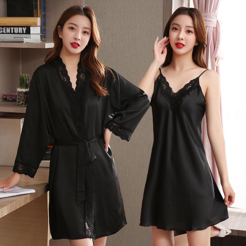 Spring And Autumn Ice Silk Sling Nightdress Nightgown Silk Pajamas Women Summer Short - Sleeved Two - Piece Suit Long - Sleeved Thin Section - Amazitshop