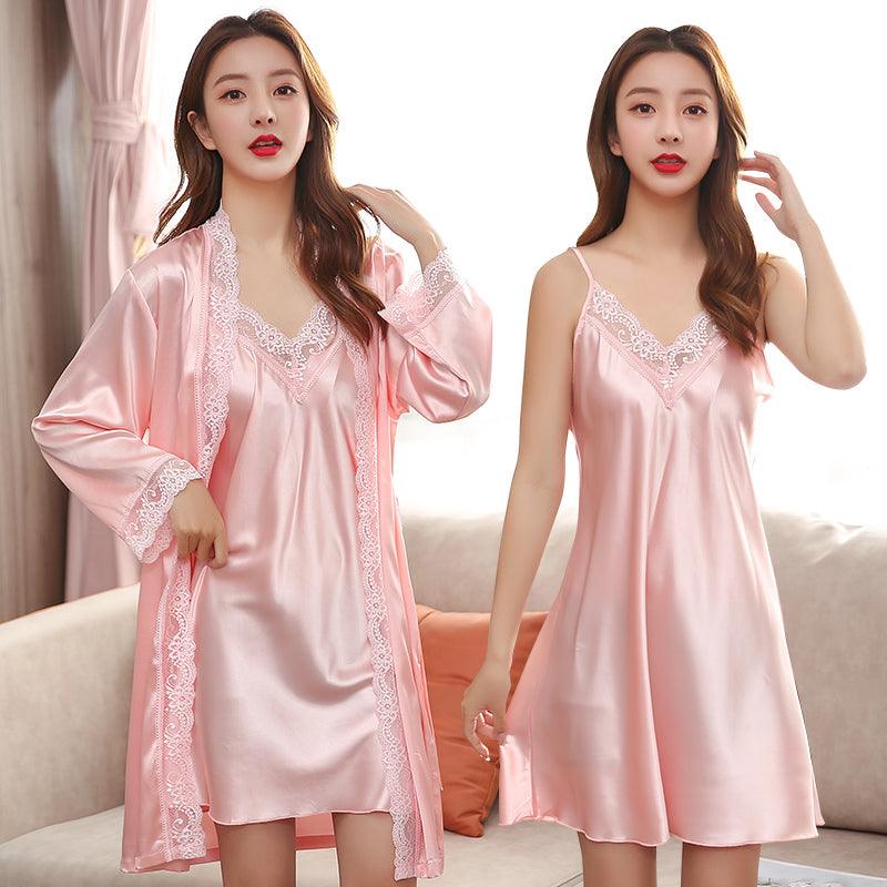 Spring And Autumn Ice Silk Sling Nightdress Nightgown Silk Pajamas Women Summer Short - Sleeved Two - Piece Suit Long - Sleeved Thin Section - Amazitshop