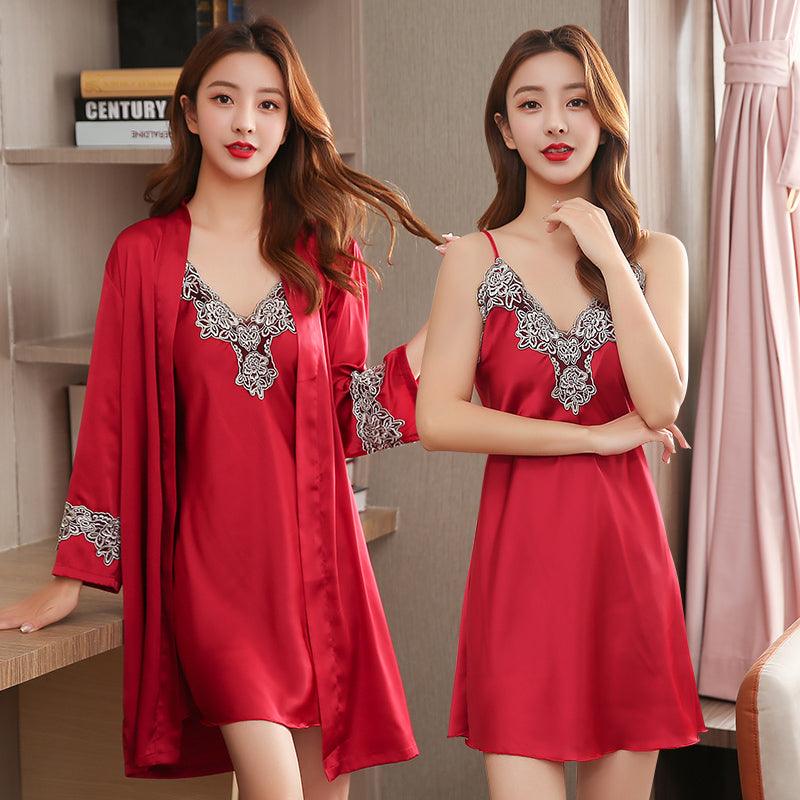 Spring And Autumn Ice Silk Sling Nightdress Nightgown Silk Pajamas Women Summer Short - Sleeved Two - Piece Suit Long - Sleeved Thin Section - Amazitshop