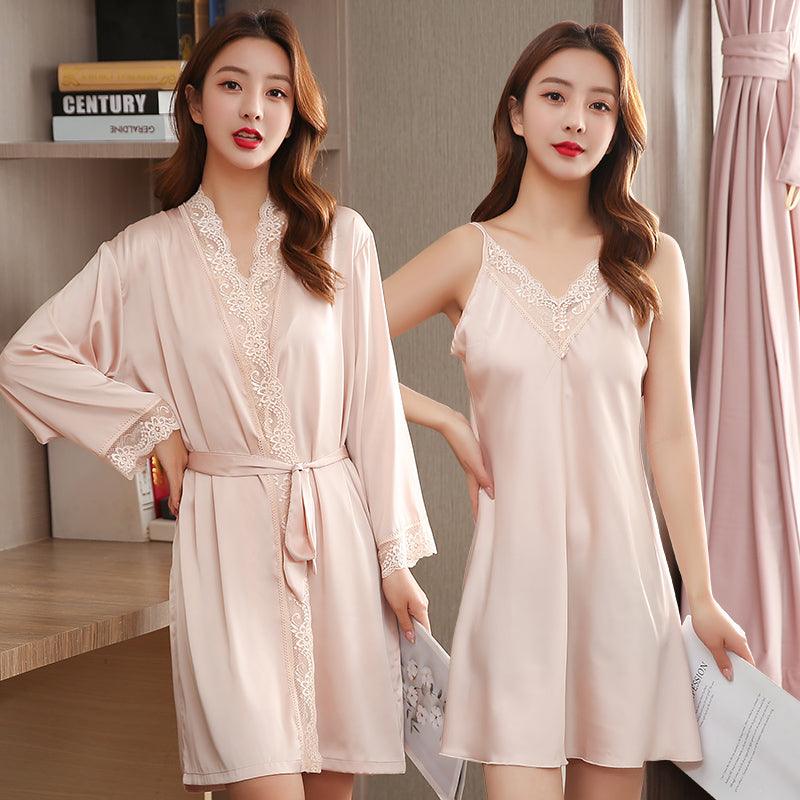 Spring And Autumn Ice Silk Sling Nightdress Nightgown Silk Pajamas Women Summer Short - Sleeved Two - Piece Suit Long - Sleeved Thin Section - Amazitshop