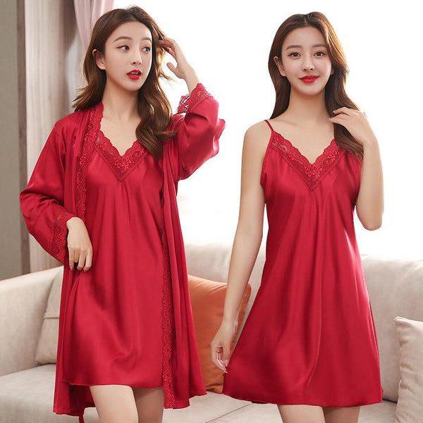 Spring And Autumn Ice Silk Sling Nightdress Nightgown Silk Pajamas Women Summer Short - Sleeved Two - Piece Suit Long - Sleeved Thin Section - Amazitshop
