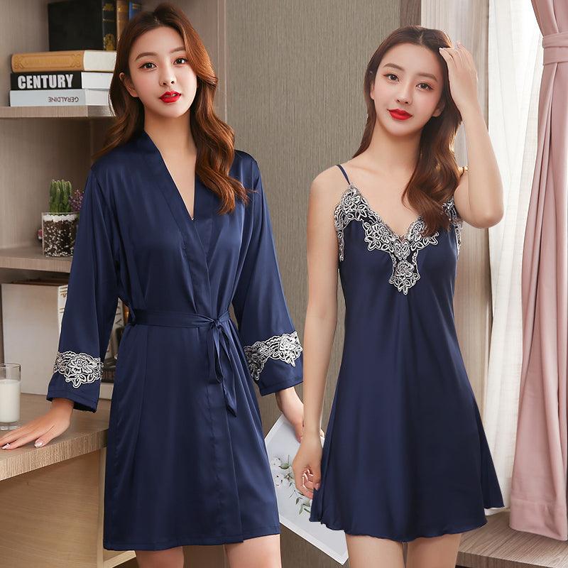 Spring And Autumn Ice Silk Sling Nightdress Nightgown Silk Pajamas Women Summer Short - Sleeved Two - Piece Suit Long - Sleeved Thin Section - Amazitshop
