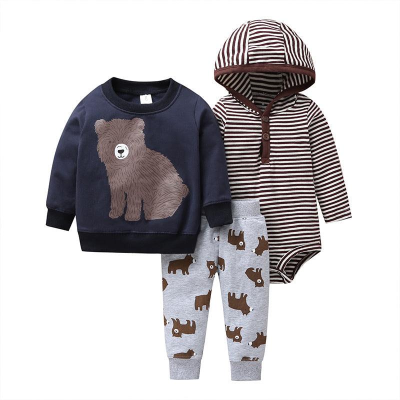 Spring And Autumn Leisure Baby And Toddler Children's Suit Striped Cartoon Trousers Long Sleeve Hooded Three - piece Children's Wear - Amazitshop