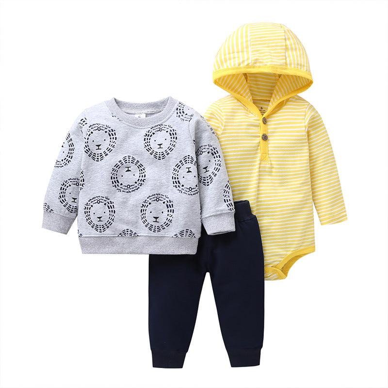 Spring And Autumn Leisure Baby And Toddler Children's Suit Striped Cartoon Trousers Long Sleeve Hooded Three - piece Children's Wear - Amazitshop