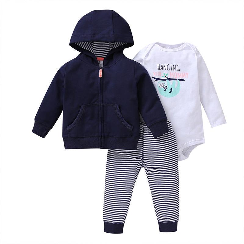 Spring And Autumn Leisure Baby And Toddler Children's Suit Striped Cartoon Trousers Long Sleeve Hooded Three - piece Children's Wear - Amazitshop