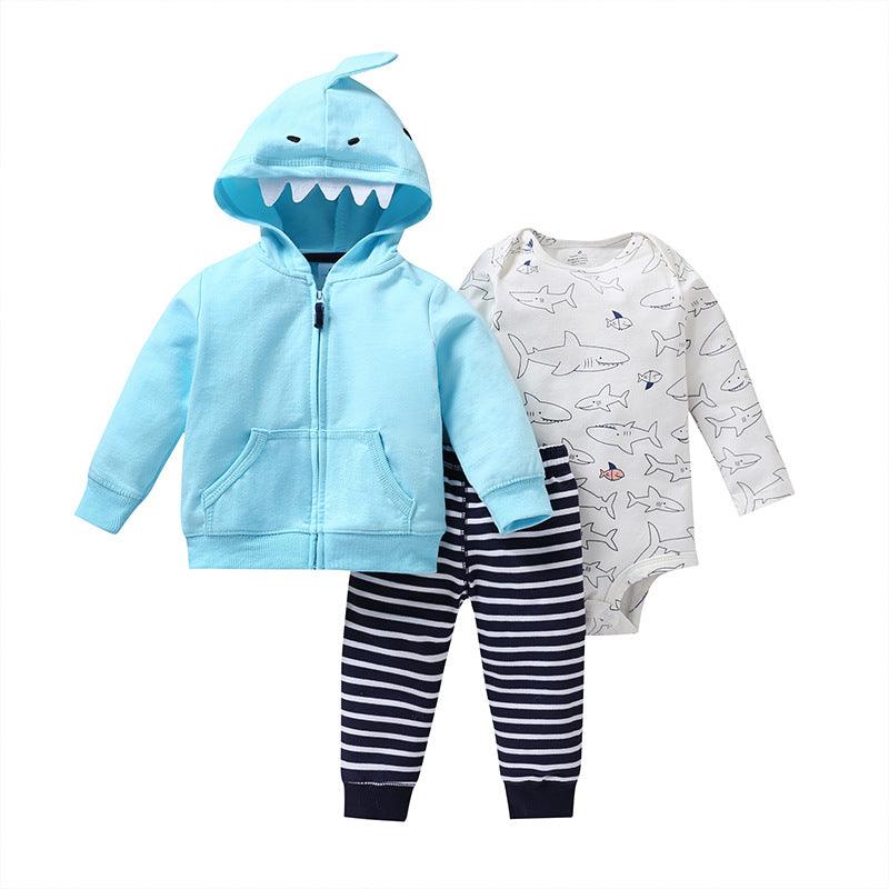 Spring And Autumn Leisure Baby And Toddler Children's Suit Striped Cartoon Trousers Long Sleeve Hooded Three - piece Children's Wear - Amazitshop