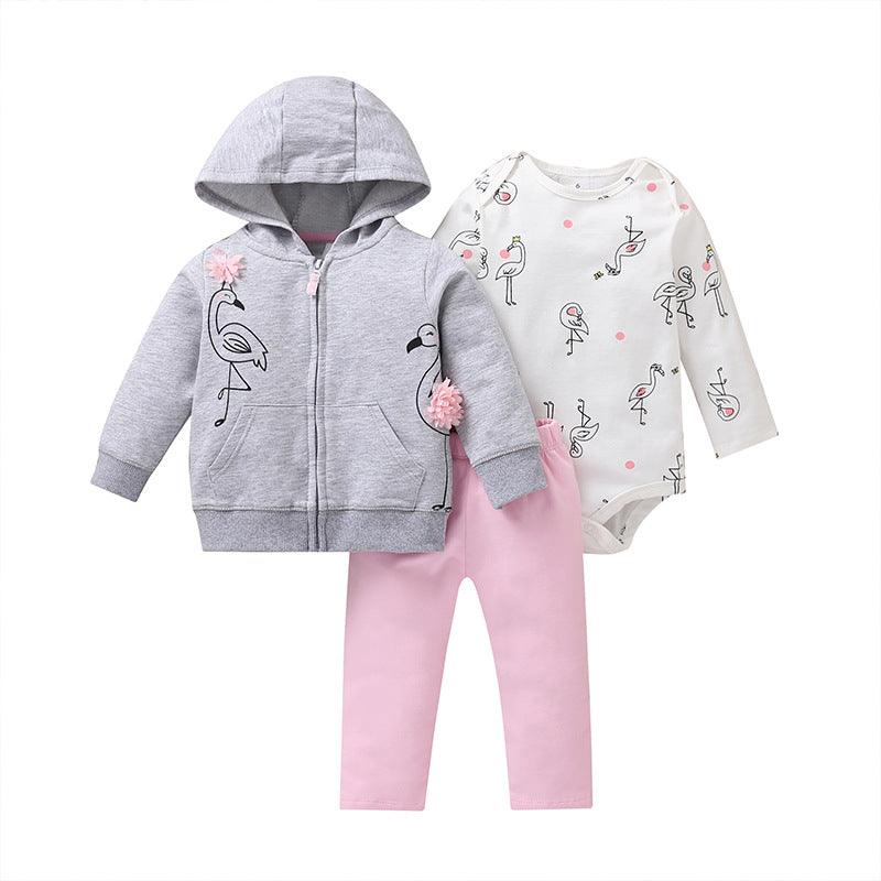 Spring And Autumn Leisure Baby And Toddler Children's Suit Striped Cartoon Trousers Long Sleeve Hooded Three - piece Children's Wear - Amazitshop