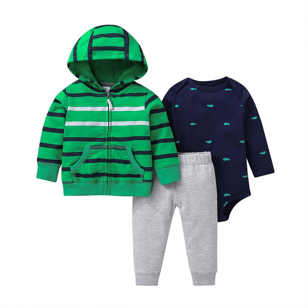 Spring And Autumn Leisure Baby And Toddler Children's Suit Striped Cartoon Trousers Long Sleeve Hooded Three - piece Children's Wear - Amazitshop