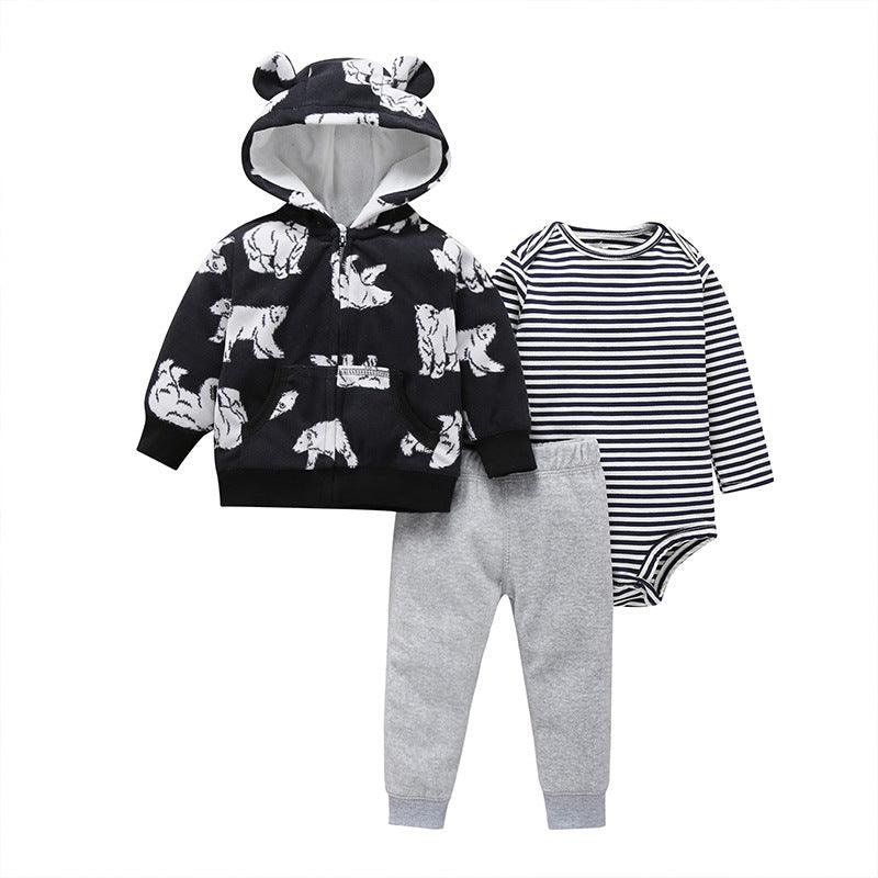 Spring And Autumn Leisure Baby And Toddler Children's Suit Striped Cartoon Trousers Long Sleeve Hooded Three - piece Children's Wear - Amazitshop