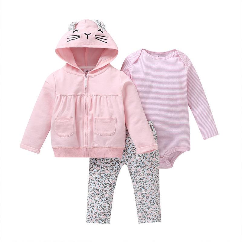 Spring And Autumn Leisure Baby And Toddler Children's Suit Striped Cartoon Trousers Long Sleeve Hooded Three - piece Children's Wear - Amazitshop