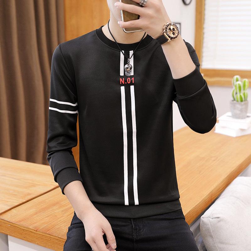 Spring and Autumn New mens printed long - sleeved T-shirt teen round neck bottom top fashion casual mens clothing - Amazitshop