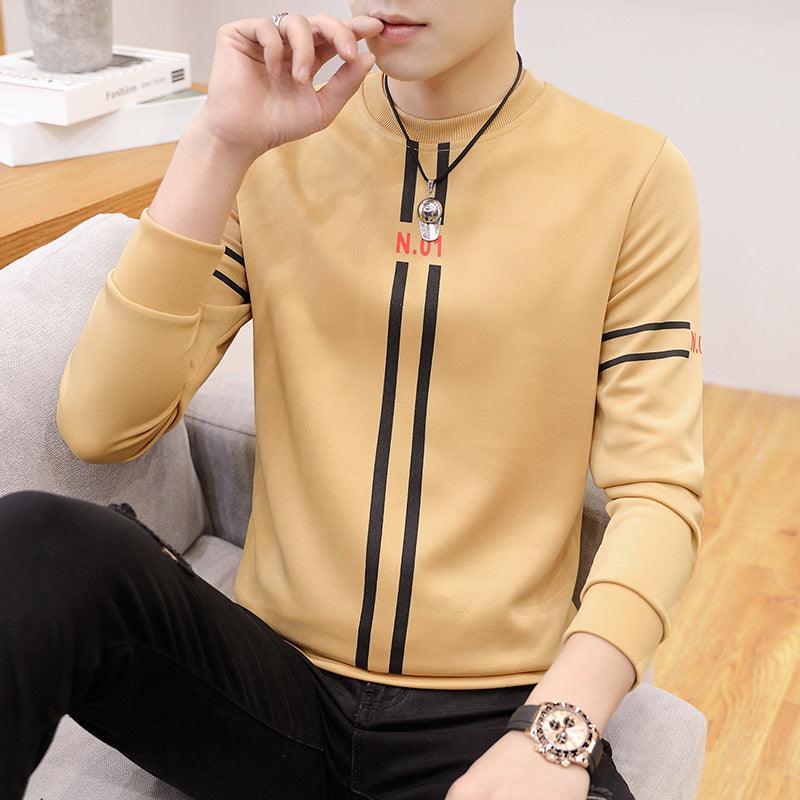Spring and Autumn New mens printed long - sleeved T-shirt teen round neck bottom top fashion casual mens clothing - Amazitshop