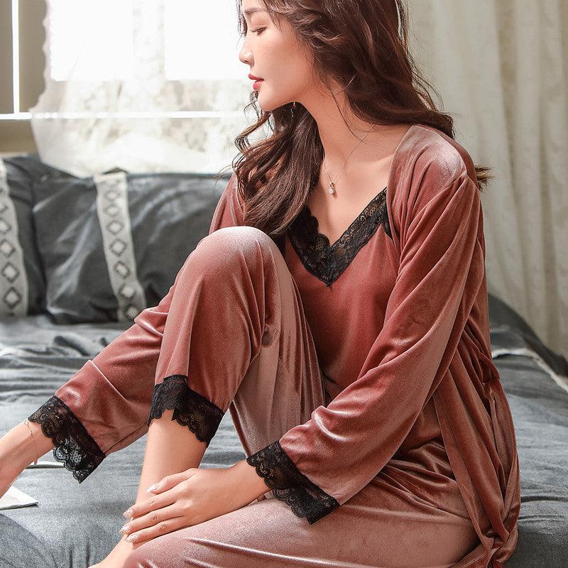 Spring and autumn sexy sling gold velvet three - piece suit - Amazitshop