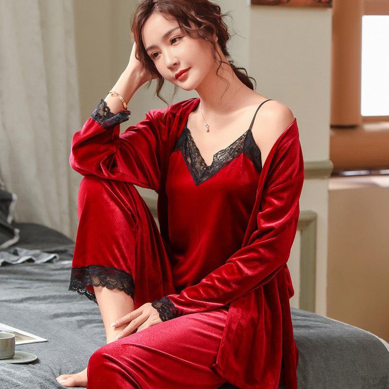 Spring and autumn sexy sling gold velvet three - piece suit - Amazitshop