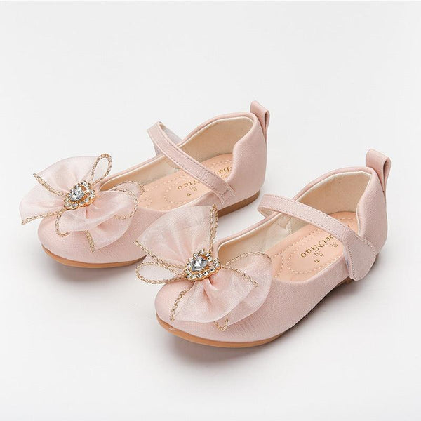 Spring New Girls' Single Shoes Cute Bow Rhinestone Soft Sole Flat Shoes - Amazitshop