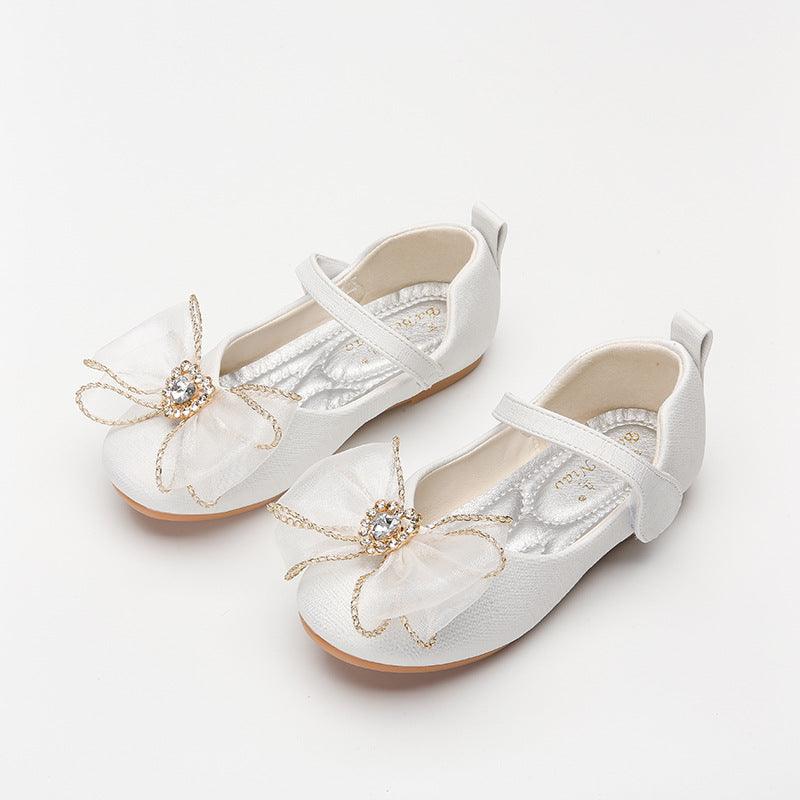 Spring New Girls' Single Shoes Cute Bow Rhinestone Soft Sole Flat Shoes - Amazitshop