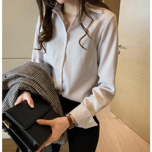 Spring Women's Korean Style New Casual Student Shirt Bottoming Shirt Fashion Loose Long - Sleeved Vertical Striped Shirt - Amazitshop