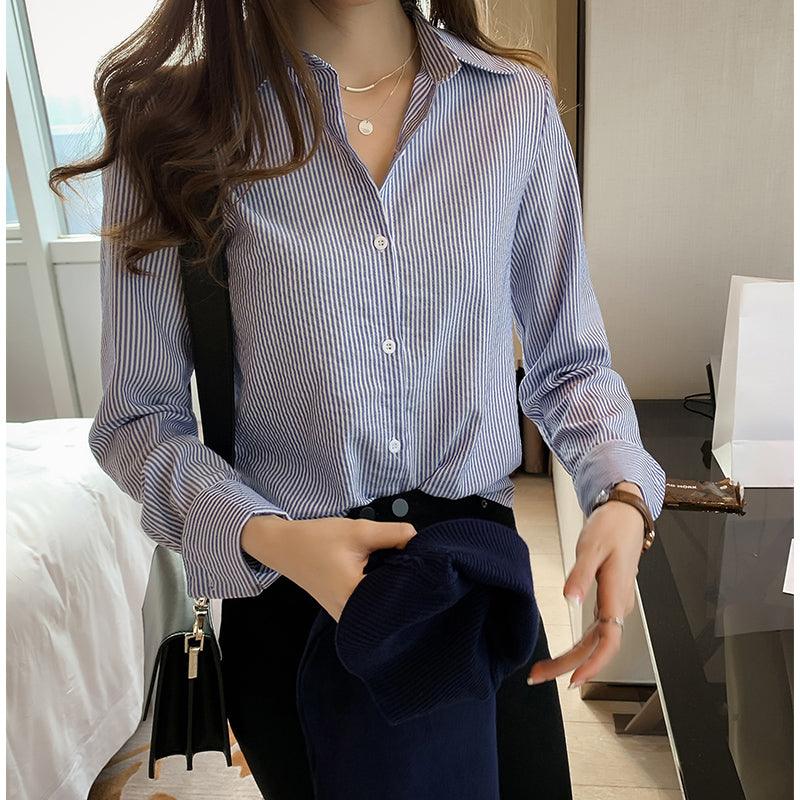 Spring Women's Korean Style New Casual Student Shirt Bottoming Shirt Fashion Loose Long - Sleeved Vertical Striped Shirt - Amazitshop
