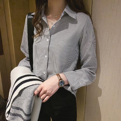 Spring Women's Korean Style New Casual Student Shirt Bottoming Shirt Fashion Loose Long - Sleeved Vertical Striped Shirt - Amazitshop
