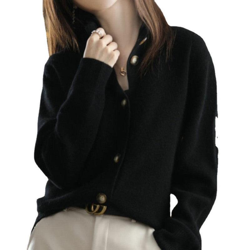 Stand Collar Women's Cardigan Knitted Sweater Loose Long Sleeve - Amazitshop
