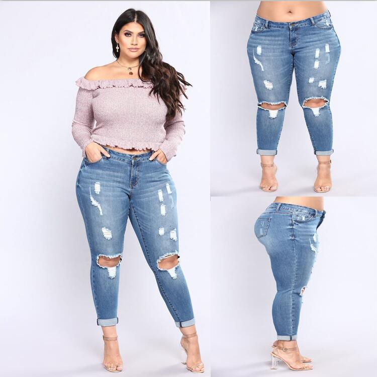 Stretch denim hole high waist ladies jeans - Amazitshop