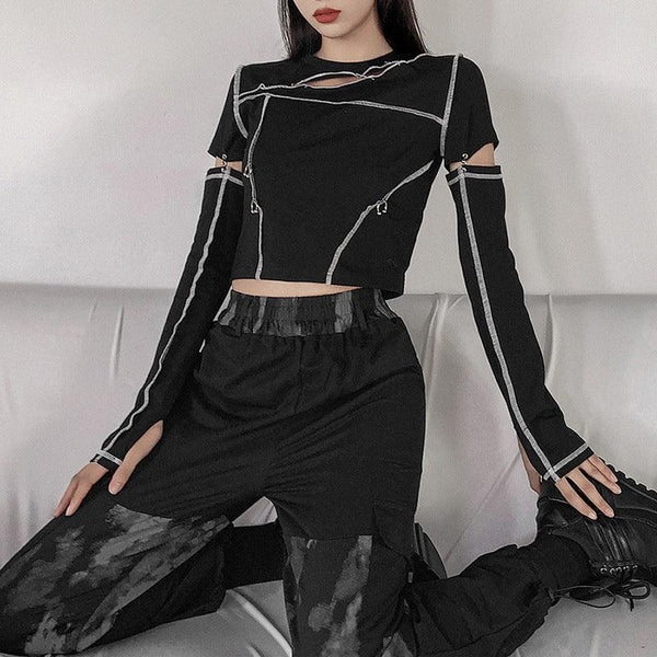 Striped Casual Pullover Hoodies Thurm Hole Croped Chic Sweatshirt Korean Style Streetwear Fall Basic Clothing Kpop For Women - Amazitshop