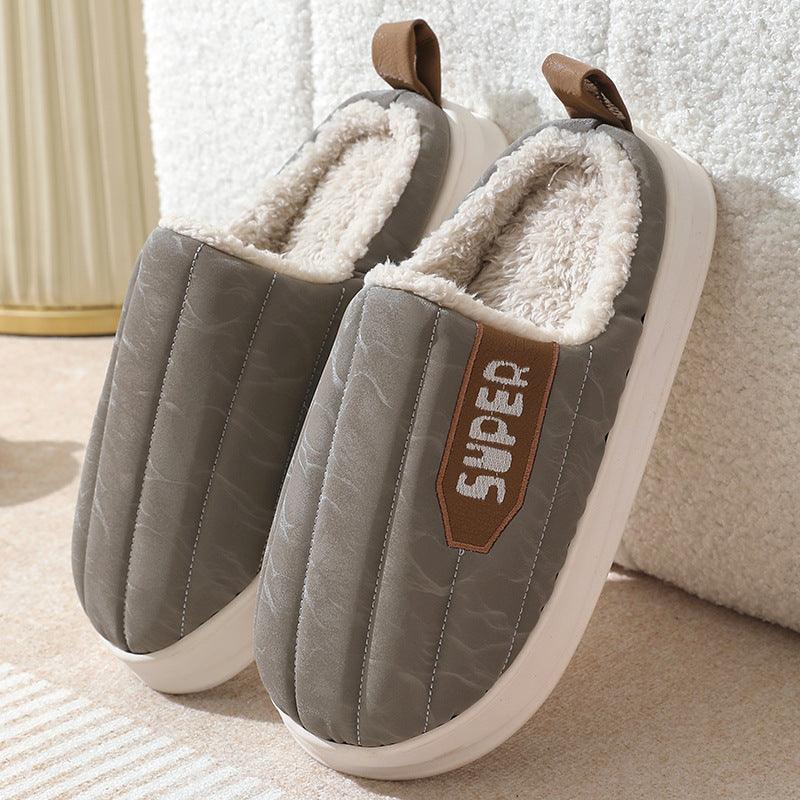 Striped Home Slippers Waterproof Thick - soled Non - slip Indoor Warm Plush Slippers Women Floor House Shoes Men Couple Autumn And Winter - Amazitshop