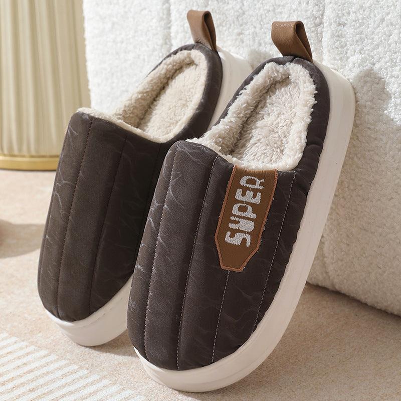 Striped Home Slippers Waterproof Thick - soled Non - slip Indoor Warm Plush Slippers Women Floor House Shoes Men Couple Autumn And Winter - Amazitshop