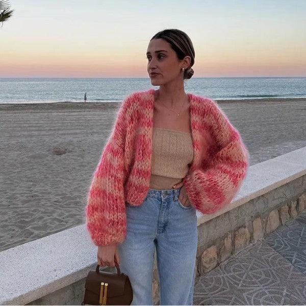 Striped Long Sleeve Rainbow Plaid Handmade Versatile Cardigan Sweater Sweater - Amazitshop