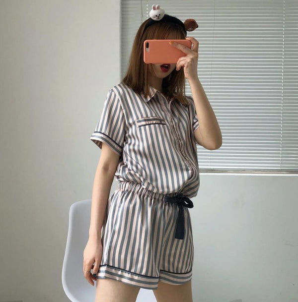 Striped Printed Short - sleeved Shorts Set Satin Home Service - Amazitshop