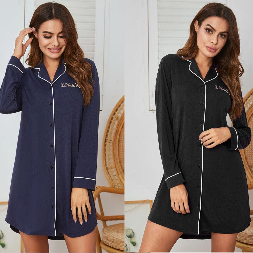 Style Women Homewear Long Sleeve Shirt Button Nightdress - Amazitshop