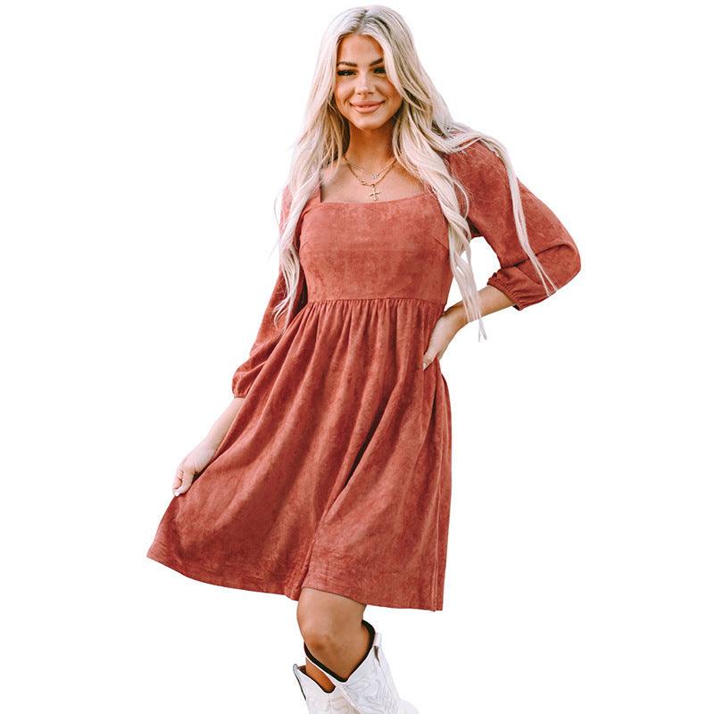 Suede European And American Autumn Solid Color Square Collar Puff Sleeve Waist Dress - Amazitshop