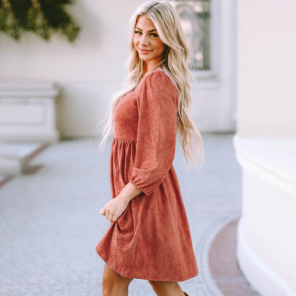 Suede European And American Autumn Solid Color Square Collar Puff Sleeve Waist Dress - Amazitshop