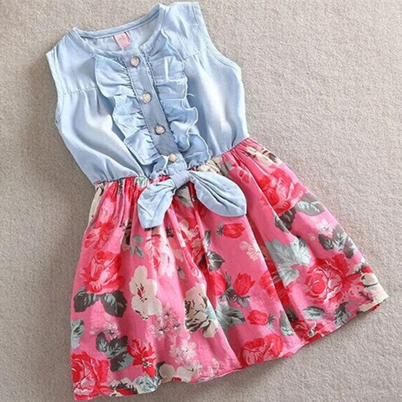 Summer Children Sleeveless Girl Denim Floral Dresses - Amazitshop