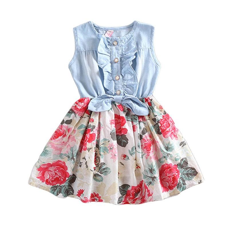 Summer Children Sleeveless Girl Denim Floral Dresses - Amazitshop
