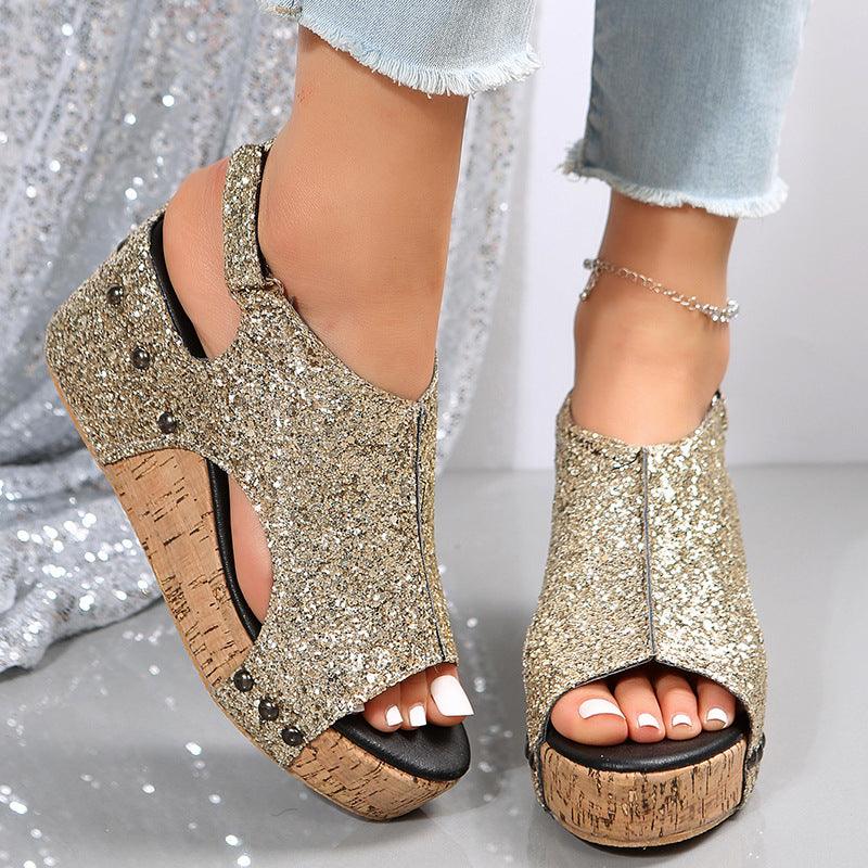 Summer Chunky Wedges Sandals Fashion Sequins Velcro Shoes Women - Amazitshop