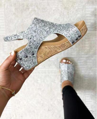 Summer Chunky Wedges Sandals Fashion Sequins Velcro Shoes Women - Amazitshop