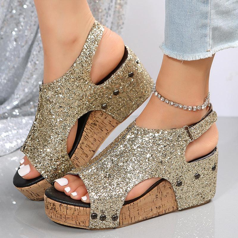 Summer Chunky Wedges Sandals Fashion Sequins Velcro Shoes Women - Amazitshop