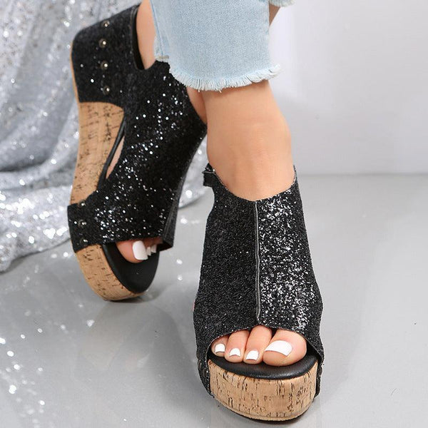 Summer Chunky Wedges Sandals Fashion Sequins Velcro Shoes Women - Amazitshop
