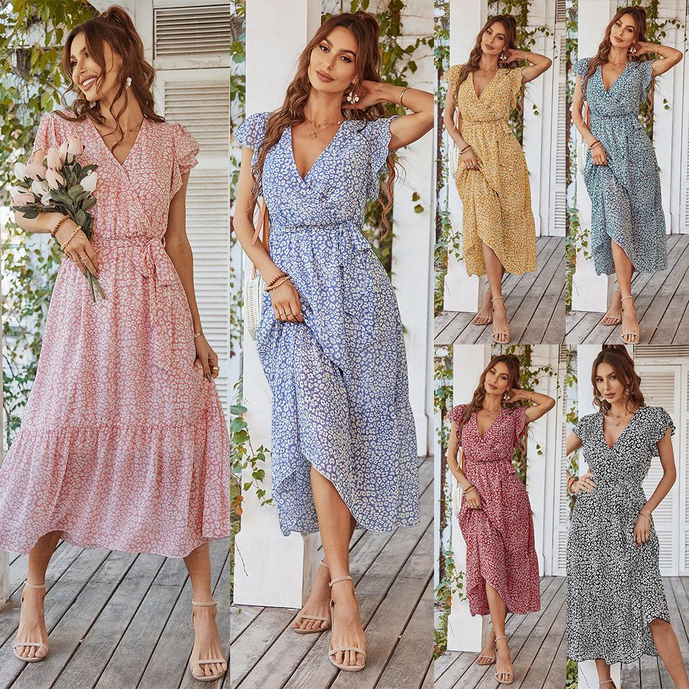 Summer Dresses Ruffle Cap Sleeve V Neck Belt Wrap Split Boho Floral Long Casual Party Beach Dress - Amazitshop