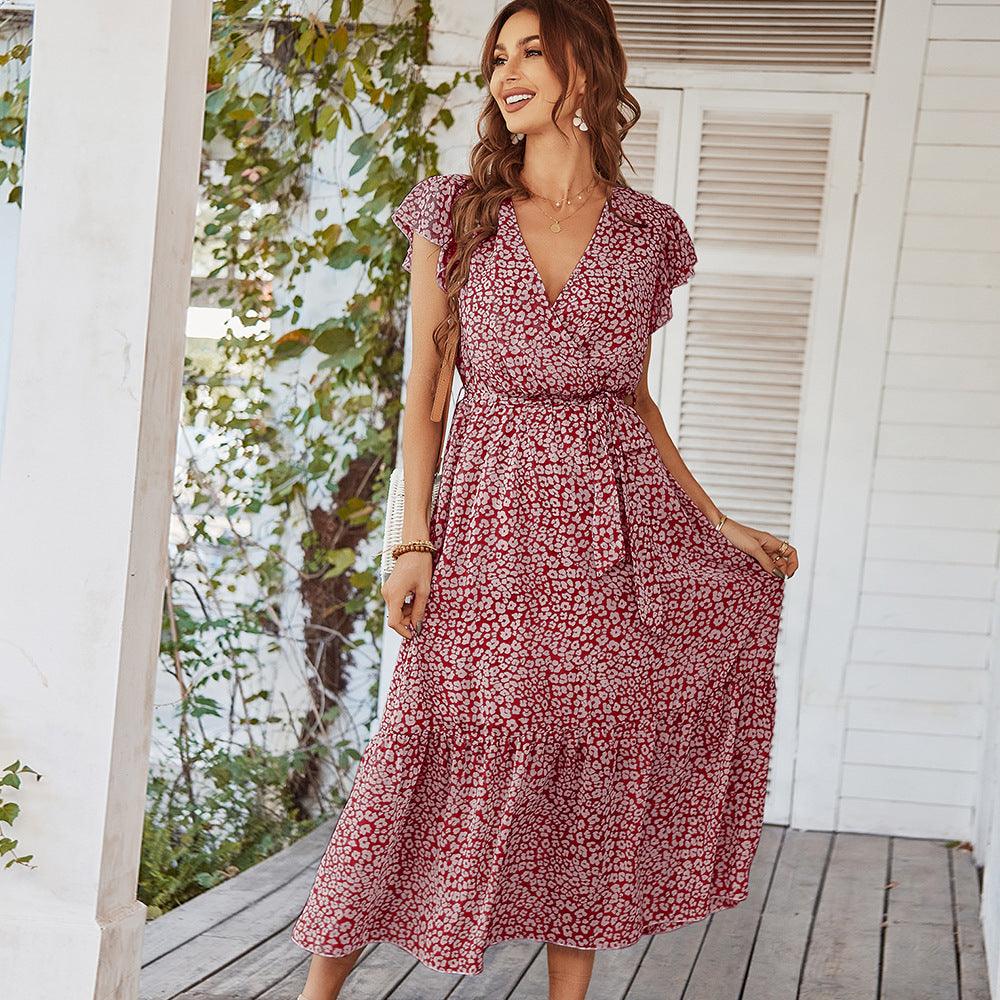 Summer Dresses Ruffle Cap Sleeve V Neck Belt Wrap Split Boho Floral Long Casual Party Beach Dress - Amazitshop