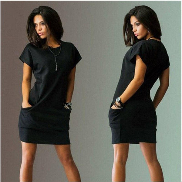 Summer Fashion Women Clothing Casual Short Sleeve O - Neck Black Blue Dresses Slim Pocket Bodycon T Shirt Dress - Amazitshop