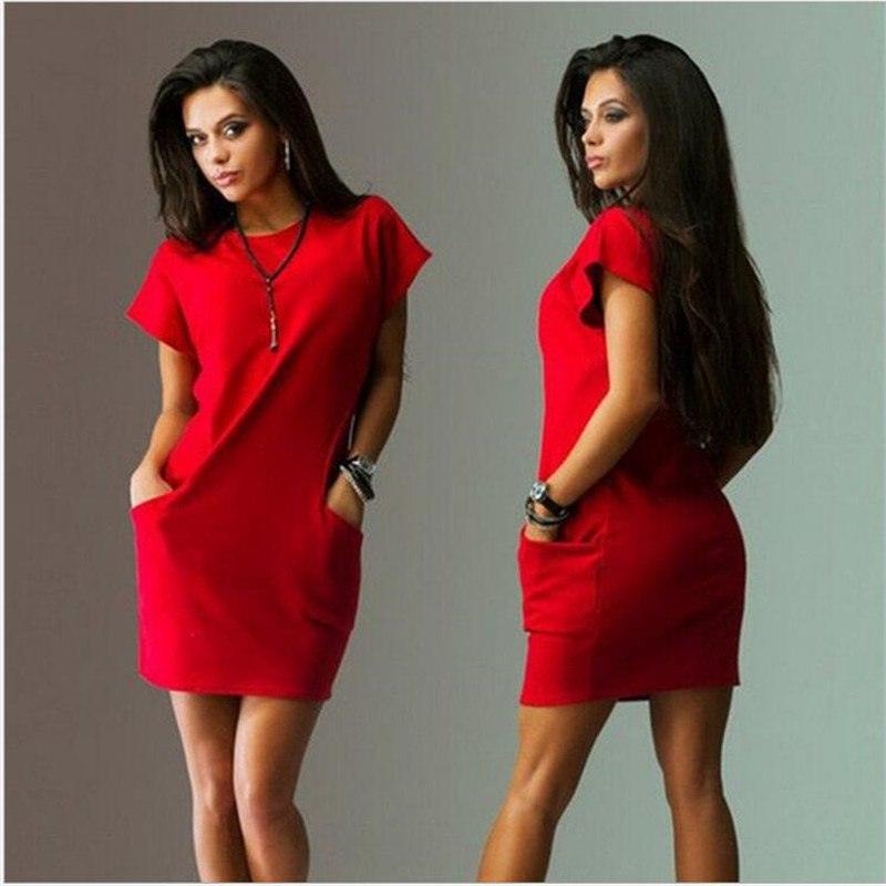 Summer Fashion Women Clothing Casual Short Sleeve O - Neck Black Blue Dresses Slim Pocket Bodycon T Shirt Dress - Amazitshop