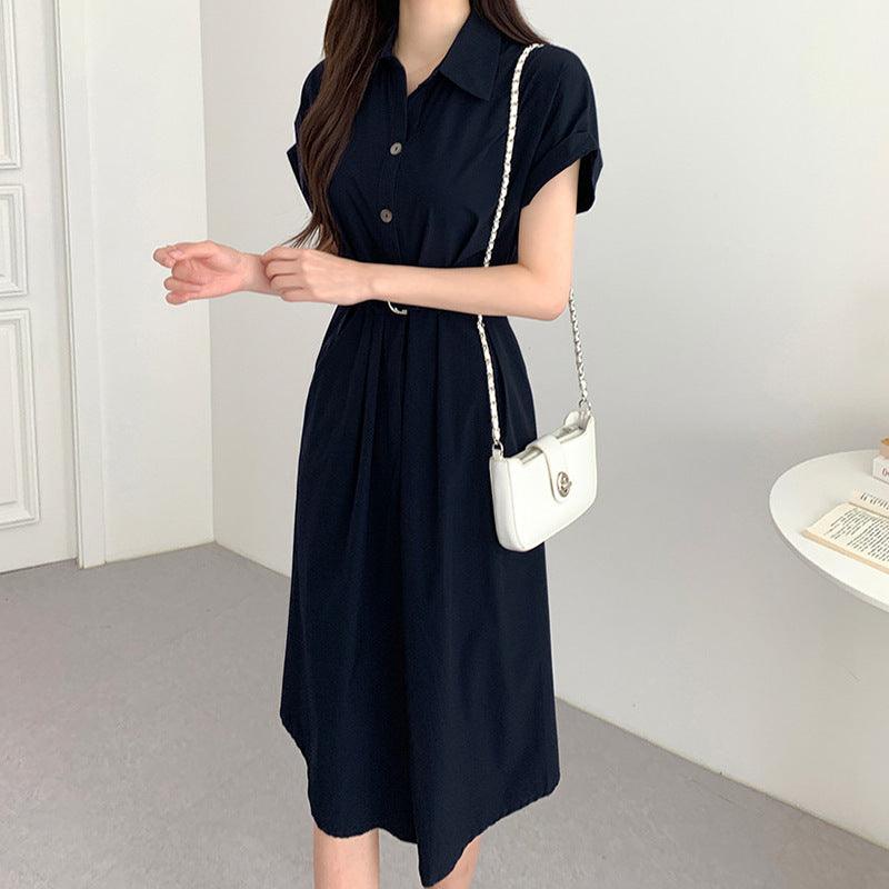 Summer French Style Lapel Tied Short Sleeve Shirt Dress - Amazitshop